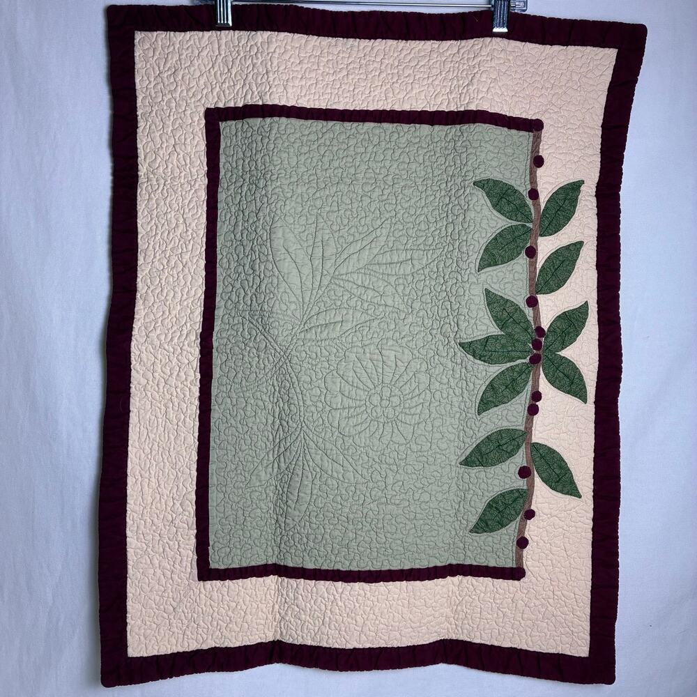 Vintage LL Bean Quilted Pillow Shams Set of 2 Sage Green Burgundy Floral Leaf